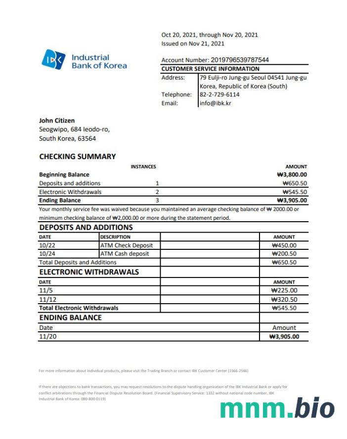 Korea Południowa Daegu bank dowód adresu szablon oświadczenia w formacie Word i PDF